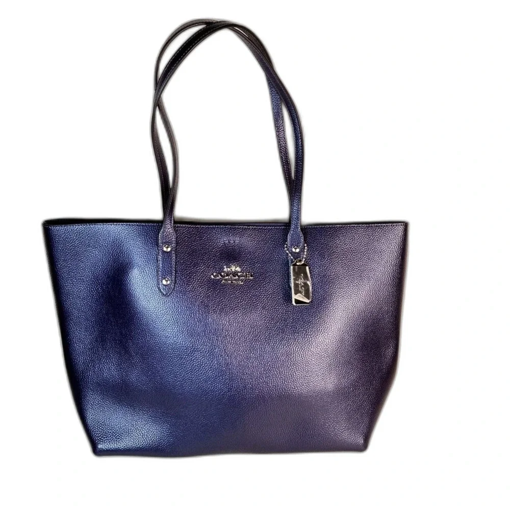 Coach NWT #679983 Navy Blue Iridescent Pebble Leather Large Town Tote